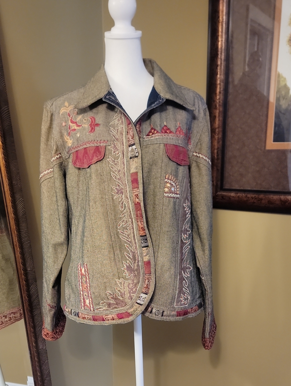 Olive Green Embroidered Jean Jacket with Rose Accents